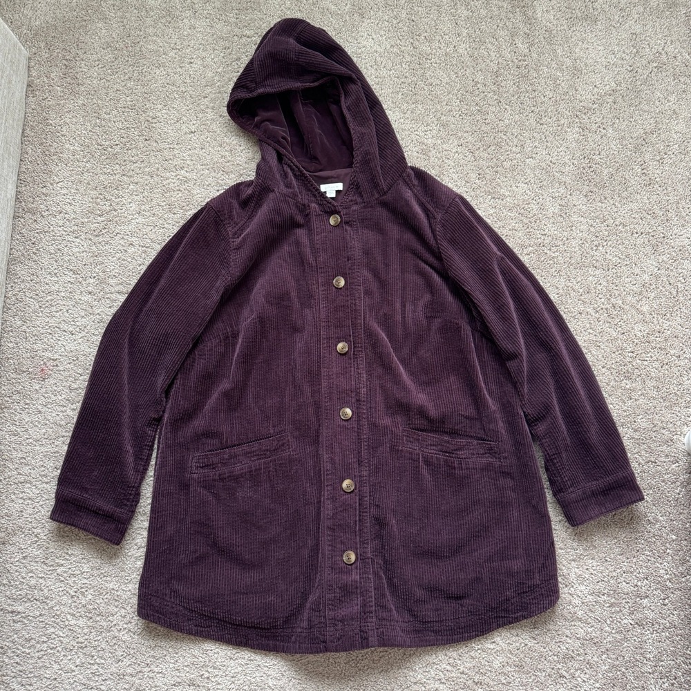 J. Jill Corduroy Hooded Jacket Plum Purple Button Front Coat XL Fall Cozy